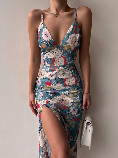 Women's Printed Backless Slit Sling Dress