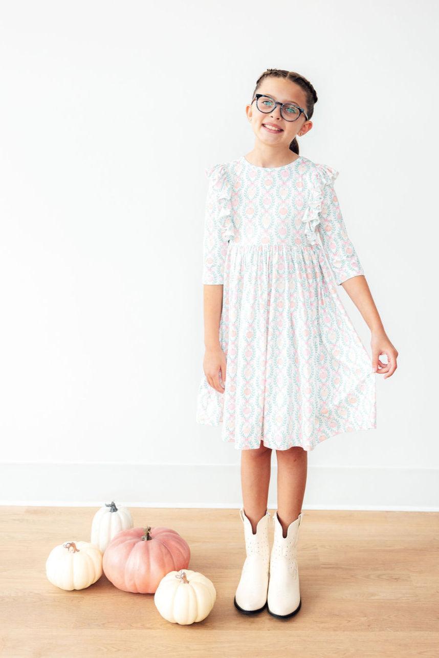 Pumpkin Kisses, Harvest Wishes 3/4 Sleeve Ruffle Twirl Dress