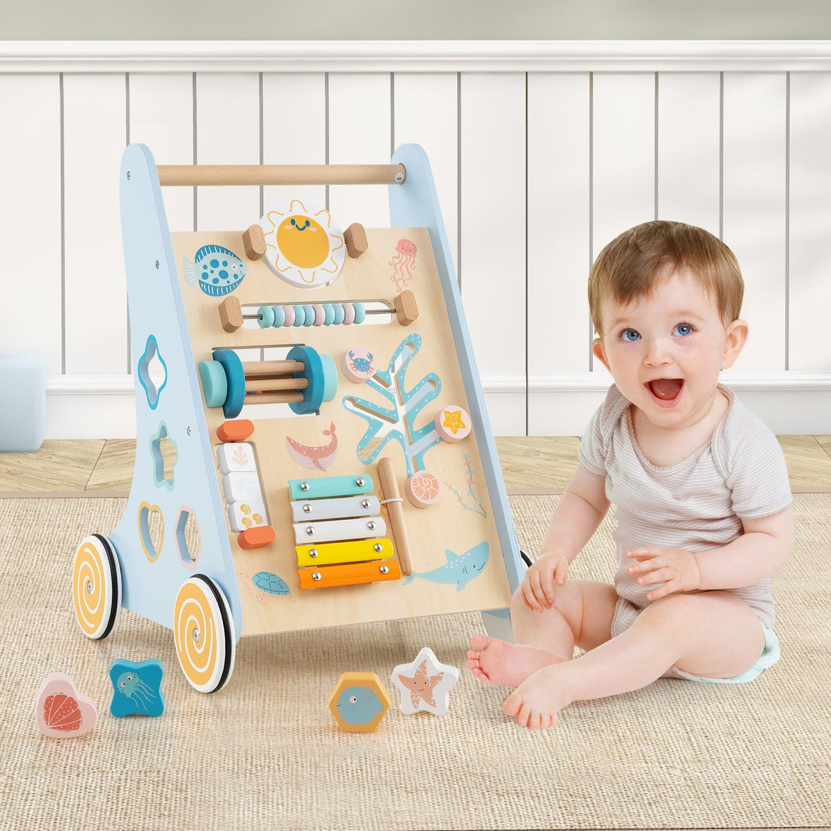 Wooden Baby Walker Push and Pull Learning Activity Center with Wheels-Blue