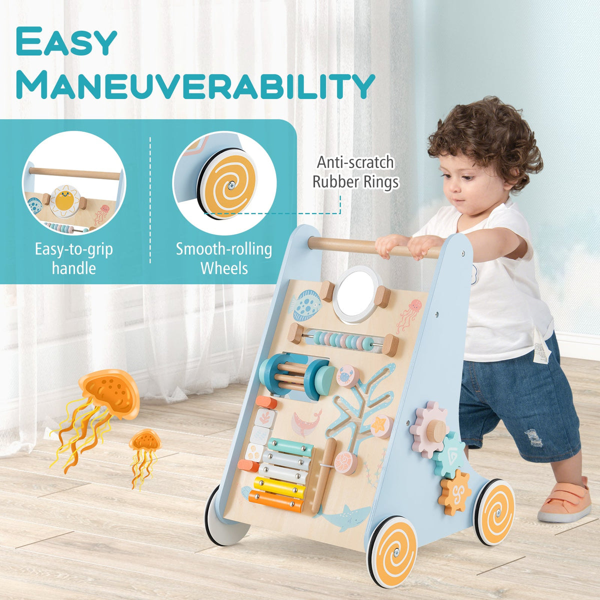 Wooden Baby Walker Push and Pull Learning Activity Center with Wheels-Blue