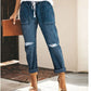Women's Straight Ripped Jeans with Drawstring and Pockets