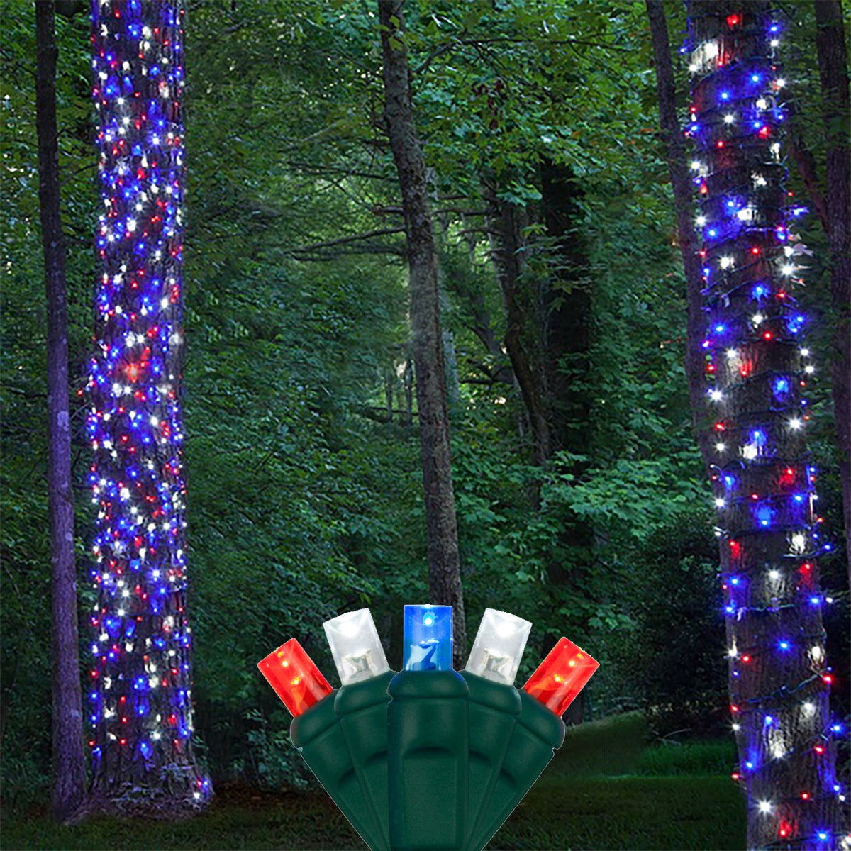 2 pack - 5mm - 50 ct - Red, White, Blue LED - 4" spacing - Green wire - 17 ft long