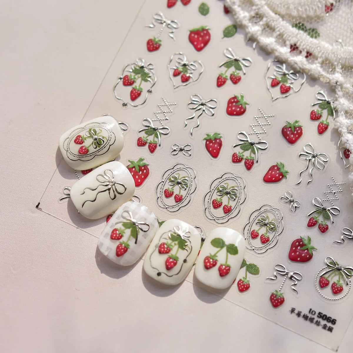 Cute Juicy Red Cherry Bowknot 5D Nail Art Stickers Lovely Shiny Crystal Rhinestone Self Adhesive Decoration Manicure Decal DIY
