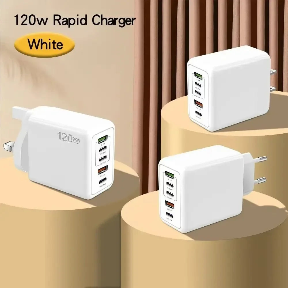 120W Fast Charger USB C Multi Ports PD Quick Charge 3.0 Wall Phone Adapter for iPhone Samsung Huawei Xiaomi Devices
