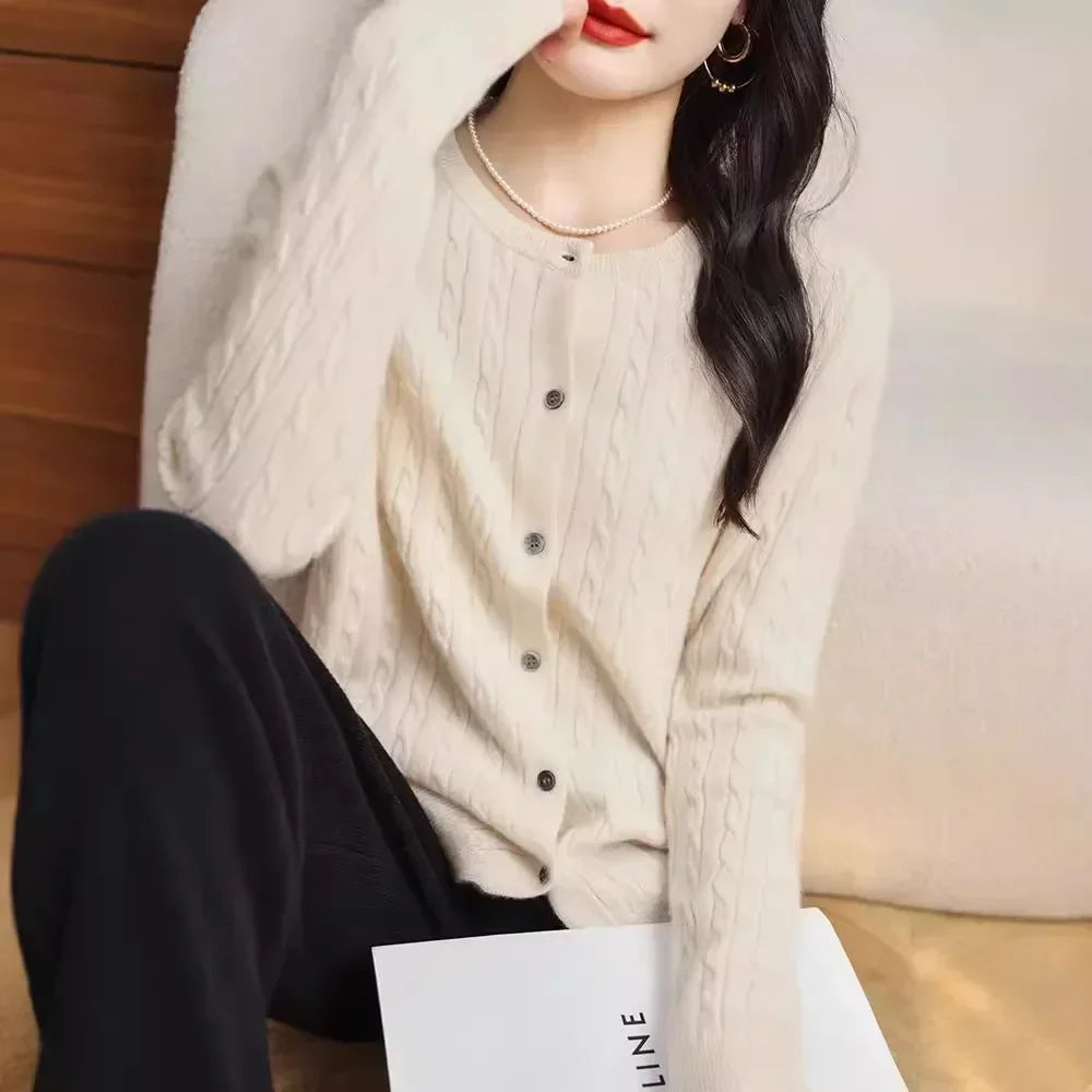 Long Sleeve Knitted O-neck Basic Thick Warm Cardigan