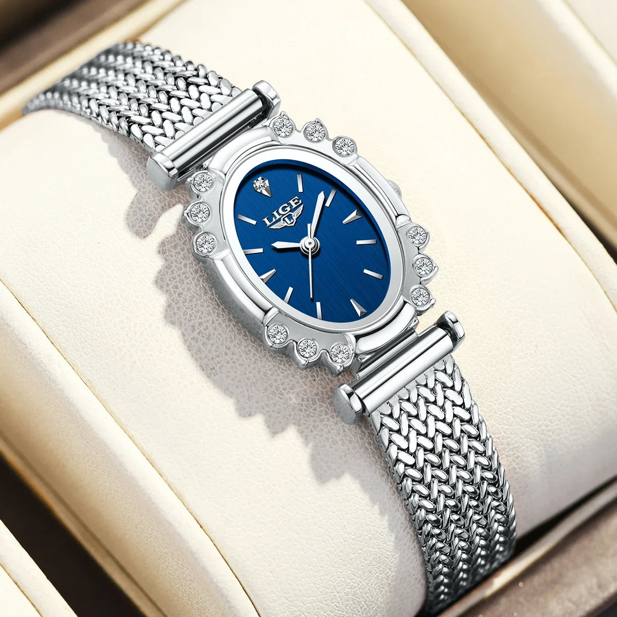 Women's Oval Crystal Bezel Watch, Woven Stainless Steel Bracelet