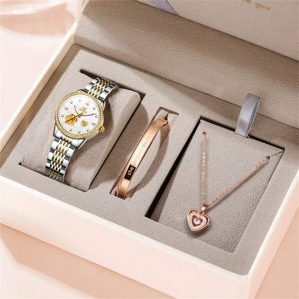 Women's Floral Openwork Automatic Bracelet Watch