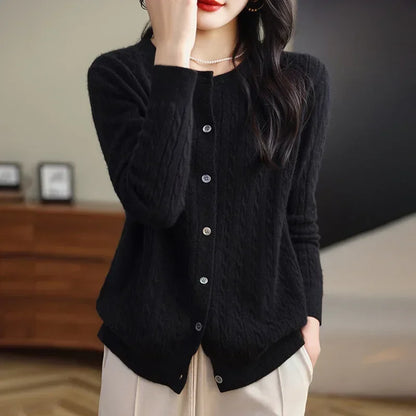 Long Sleeve Knitted O-neck Basic Thick Warm Cardigan