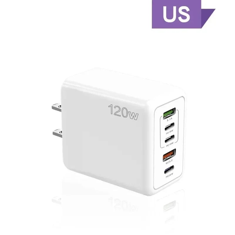 120W Fast Charger USB C Multi Ports PD Quick Charge 3.0 Wall Phone Adapter for iPhone Samsung Huawei Xiaomi Devices