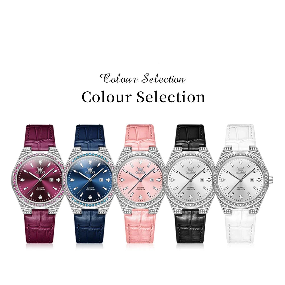 Women's Crystal Bezel Leather Date Watch