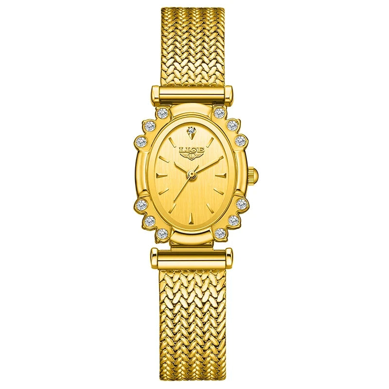 Women's Oval Crystal Bezel Watch, Woven Stainless Steel Bracelet