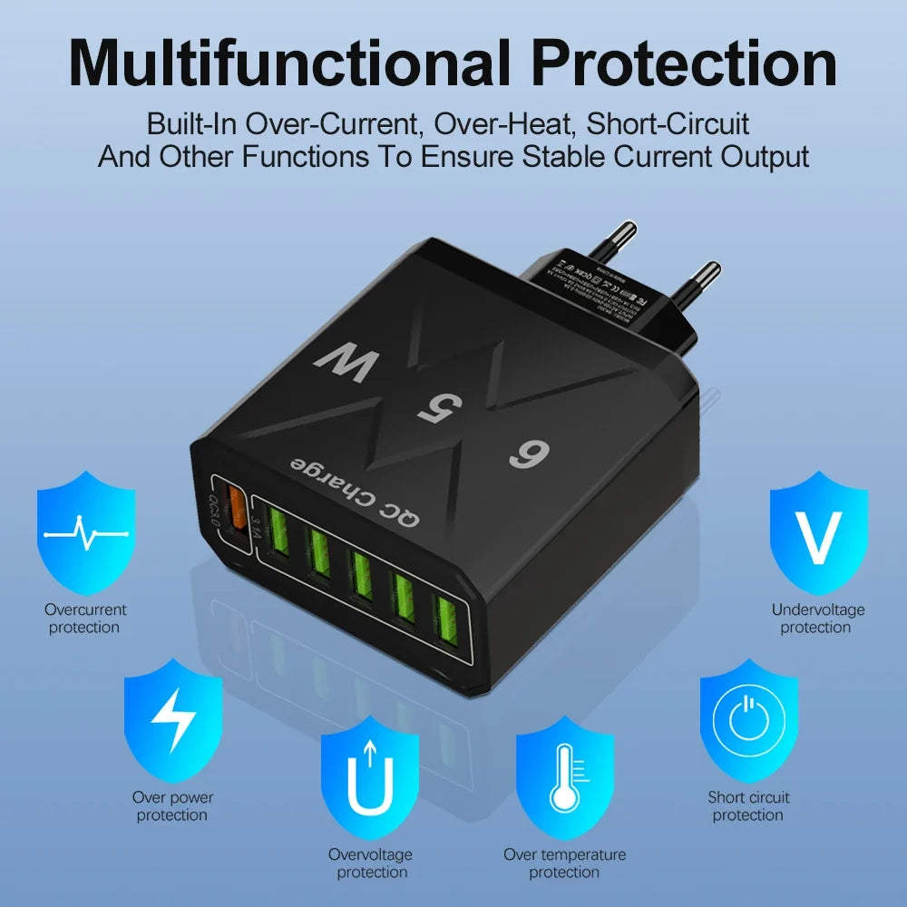 65W 6 Ports USB Charger Fast Charging QC3.0 Travel Charger For iPhone 14 Samsung Xiaomi Mobile Phone Adapter EU KR US UK Plug