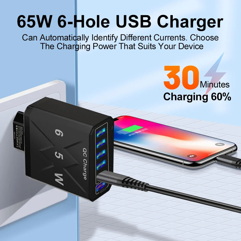 65W 6 Ports USB Charger Fast Charging QC3.0 Travel Charger For iPhone 14 Samsung Xiaomi Mobile Phone Adapter EU KR US UK Plug
