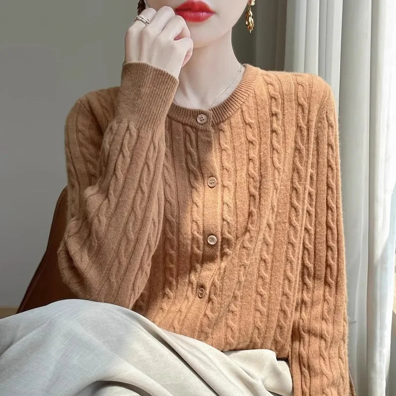 Long Sleeve Knitted O-neck Basic Thick Warm Cardigan