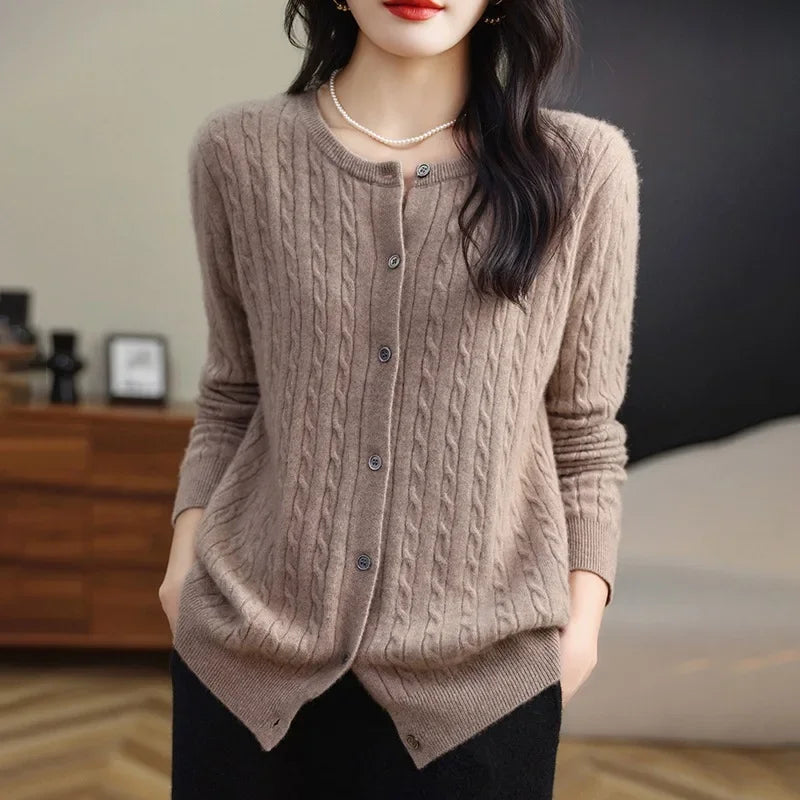 Long Sleeve Knitted O-neck Basic Thick Warm Cardigan