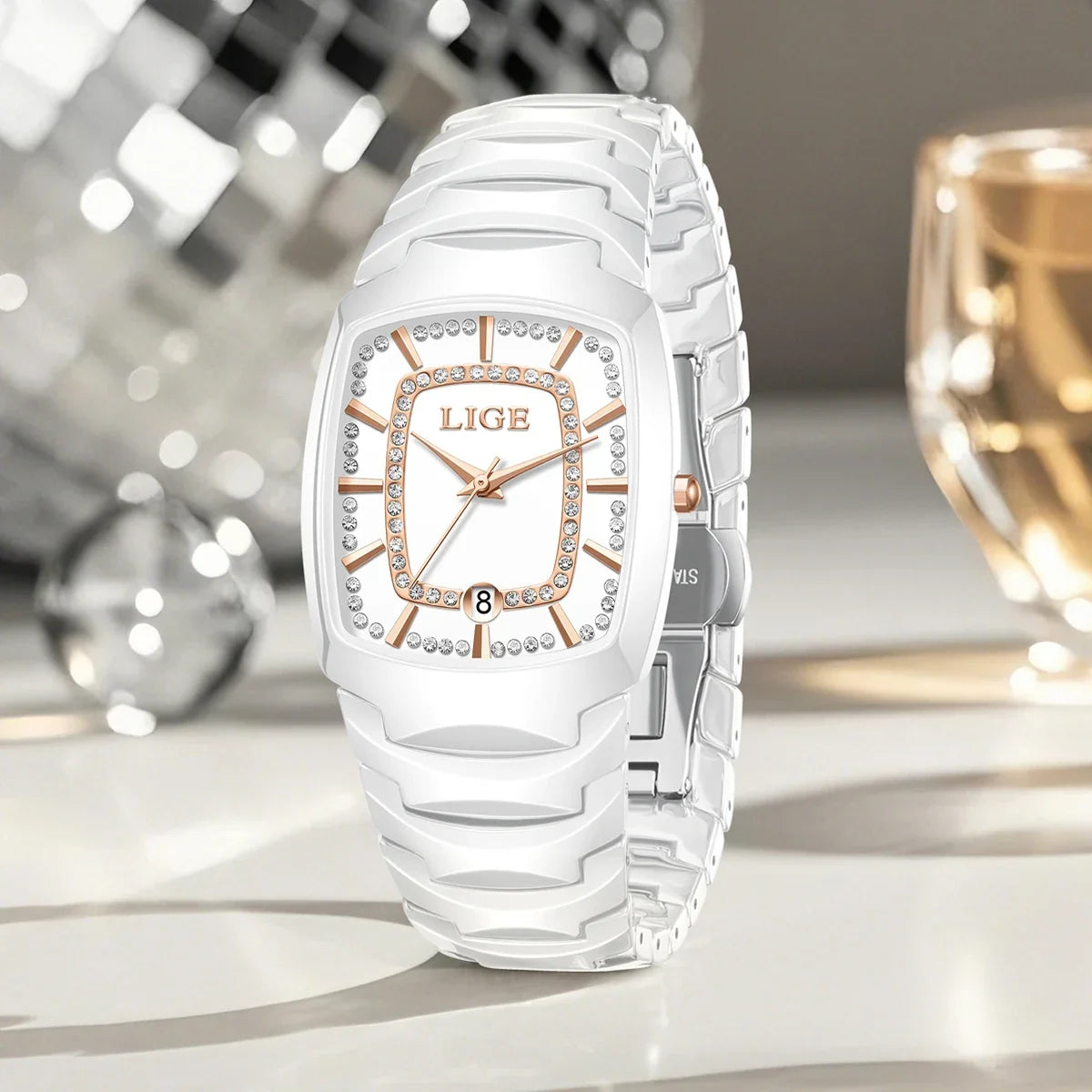 Women's Ceramic Tonneau Crystal Dial Watch