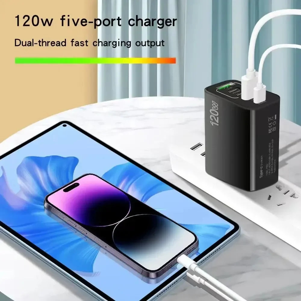 120W Fast Charger USB C Multi Ports PD Quick Charge 3.0 Wall Phone Adapter for iPhone Samsung Huawei Xiaomi Devices