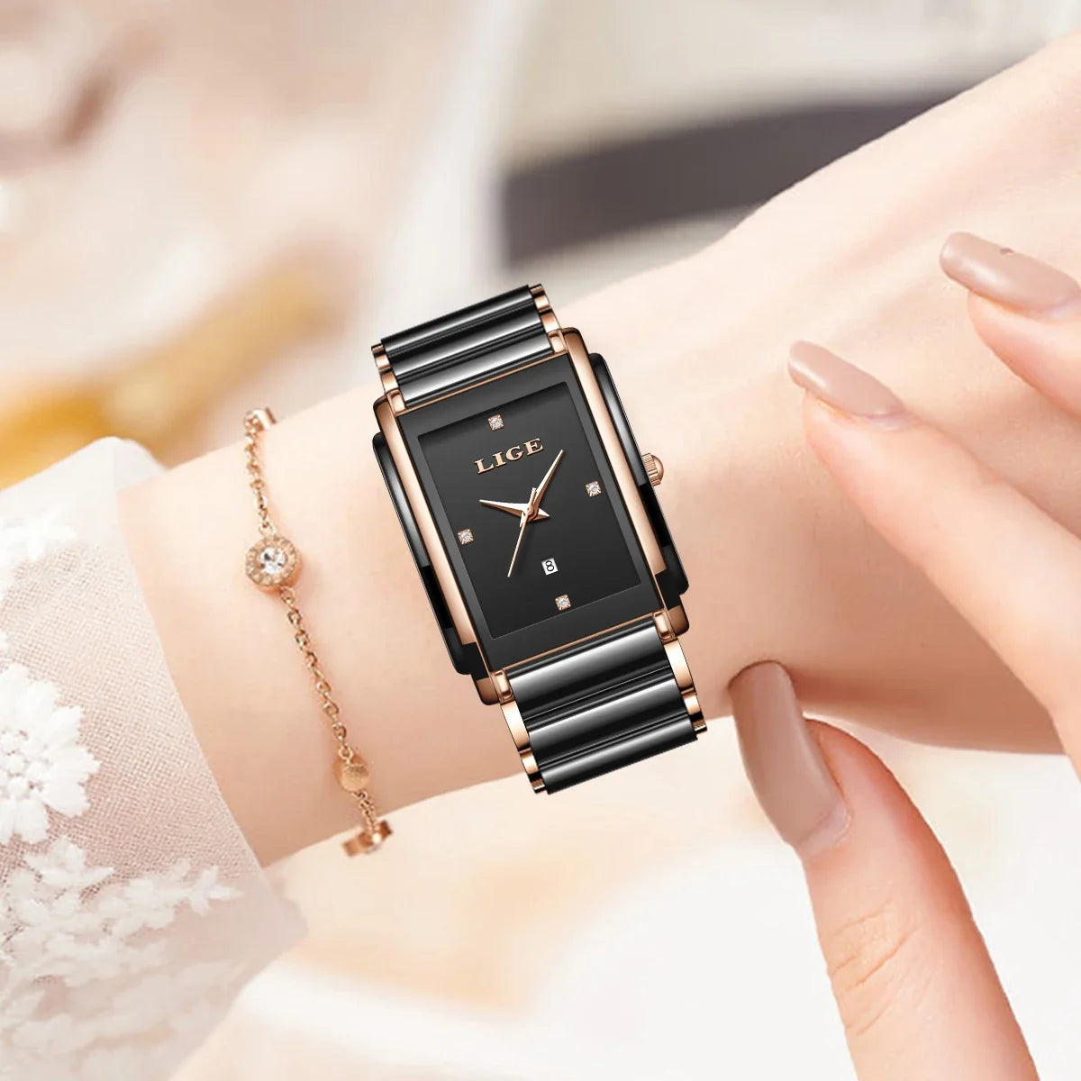 Women's Rectangular Ceramic Quartz Date Watch