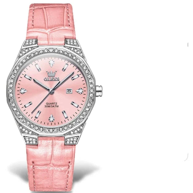 Women's Crystal Bezel Leather Date Watch