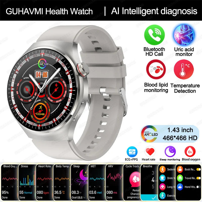 2025 New Nursing Grade Smart Watch Blood oxygen Blood Lipid Uric Acid ECG+PPG Body Temperature Bluetooth Call Health Smartwatch