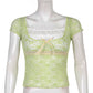 Trim Crop Top Bow Cute Sweet T Shirt Women Retro Short Sleeve Lace Patched Tshirt
