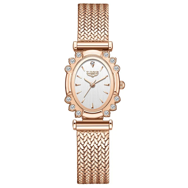 Women's Oval Crystal Bezel Watch, Woven Stainless Steel Bracelet