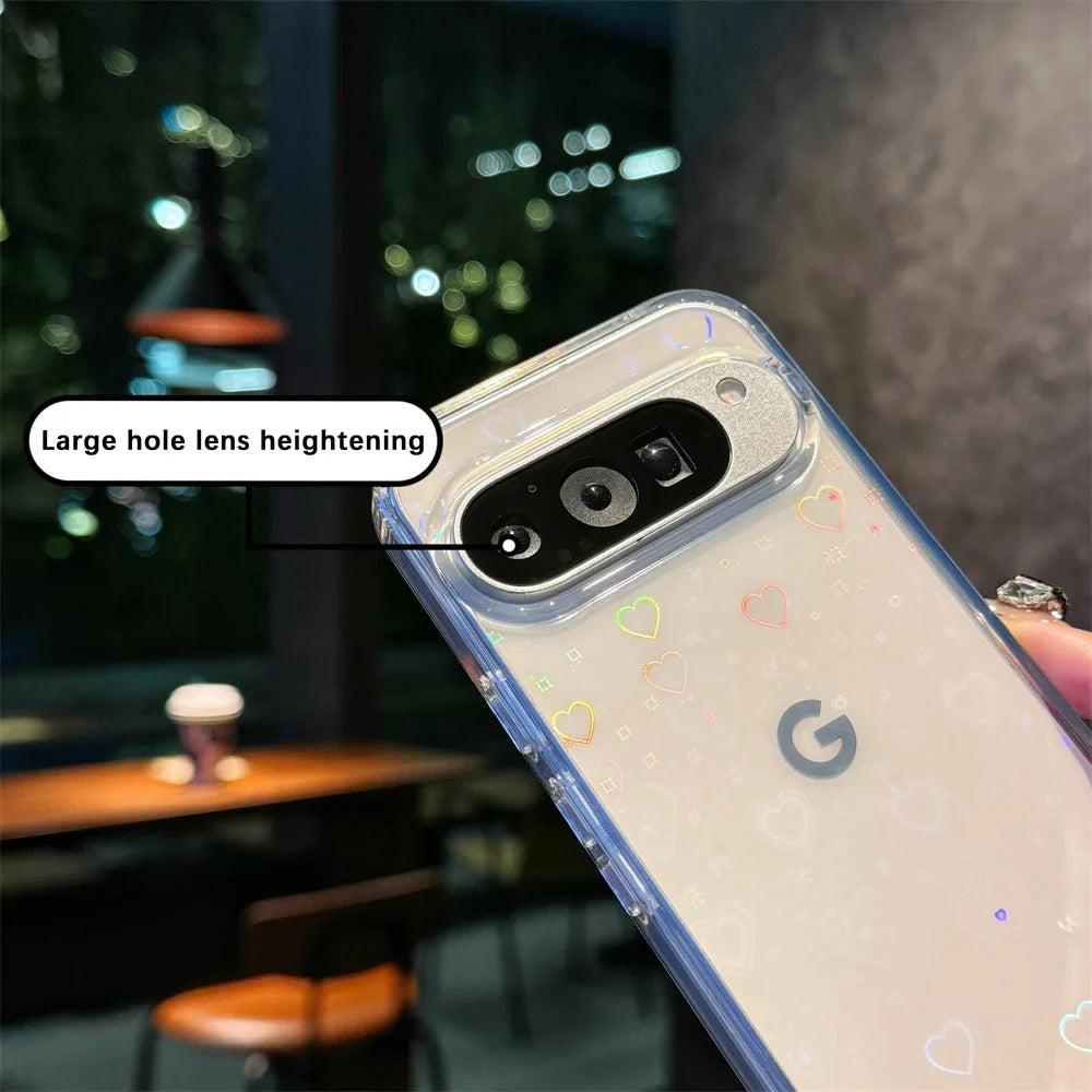 Gradient Laser Love Heart Pattern Clear Phone Case For Google Pixel 9 9Pro XL 9A 8 8Pro 8A Glitter Transparent Shockproof Cover