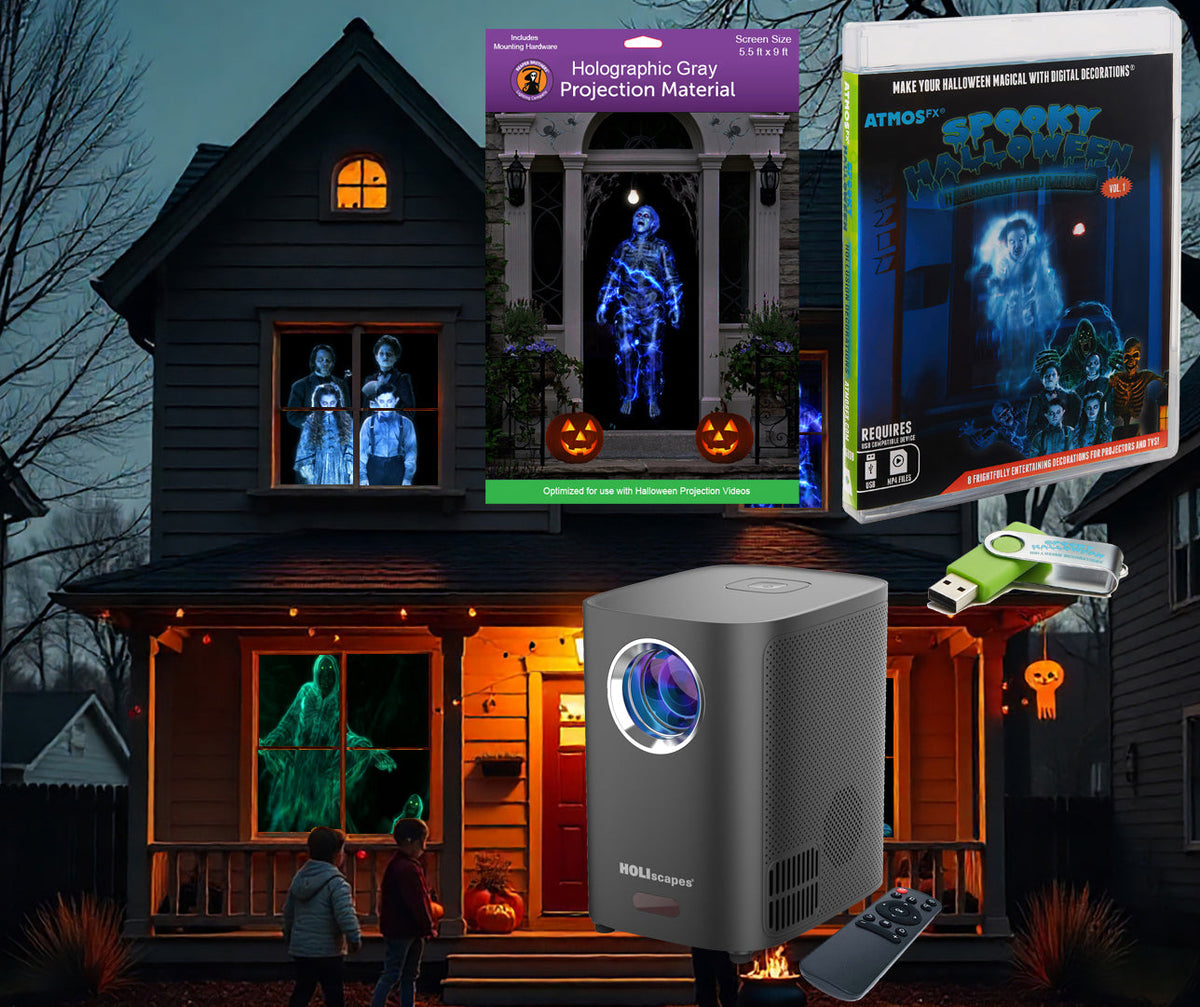 HoliScapes® USB Projector Kit - Spooky Halloween Hollusion + Projector + 5.5 ft x 9 ft Projection Screen