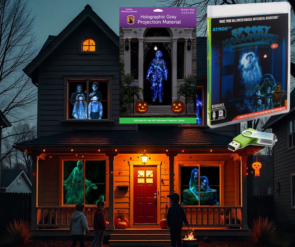AtmosFX Halloween Digital Decoration USB - Spooky Halloween Hollusion + 5.5 ft x 9 ft Projection Screen