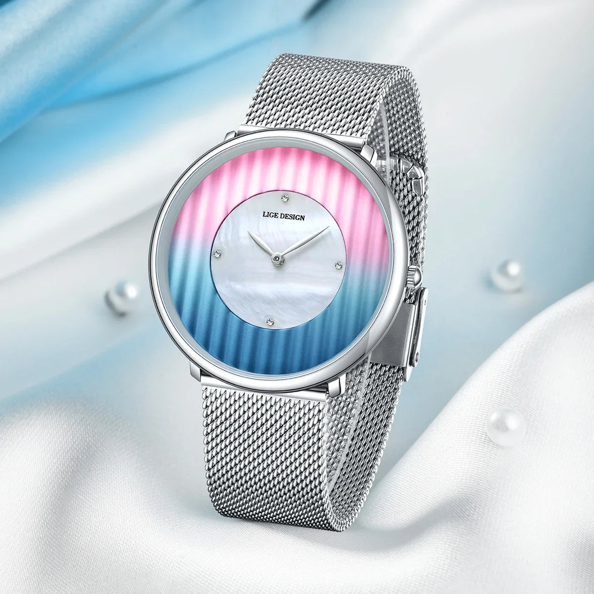Women's 41mm Gradient Pearl-Effect Dial Mesh Quartz Watch