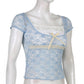 Trim Crop Top Bow Cute Sweet T Shirt Women Retro Short Sleeve Lace Patched Tshirt