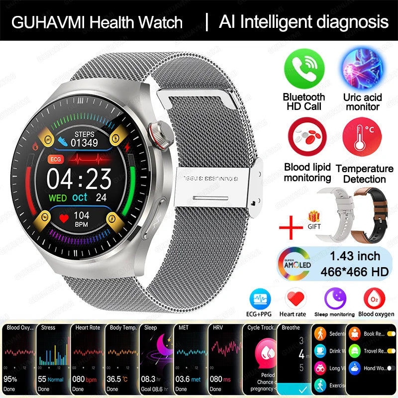 2025 New Nursing Grade Smart Watch Blood oxygen Blood Lipid Uric Acid ECG+PPG Body Temperature Bluetooth Call Health Smartwatch