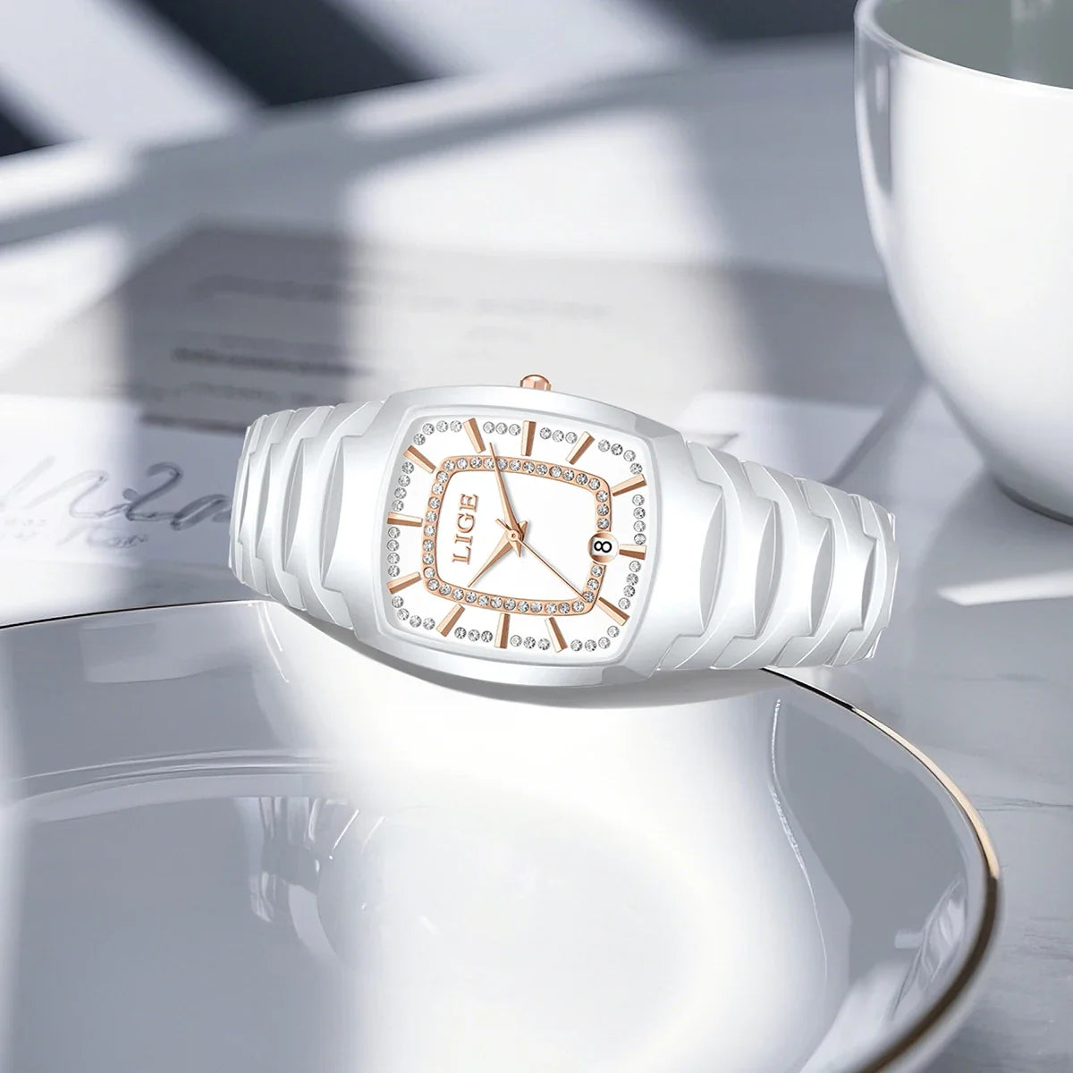 Women's Ceramic Tonneau Crystal Dial Watch
