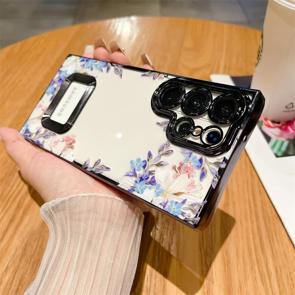 For Samsung S24 Ultra Luxury Plating Logo Hole Case For Samsung Galaxy S23 Ultra S22 Plus Flower Camera Film Transparent Cover