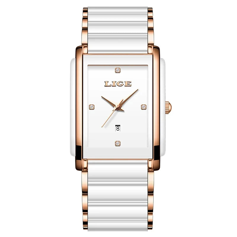 Women's Rectangular Ceramic Quartz Date Watch