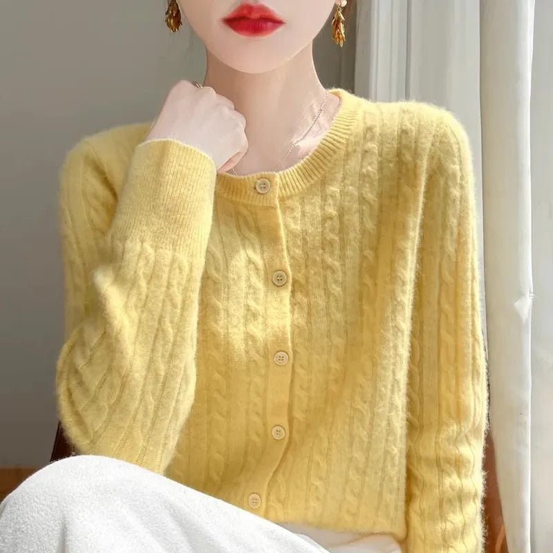 Long Sleeve Knitted O-neck Basic Thick Warm Cardigan