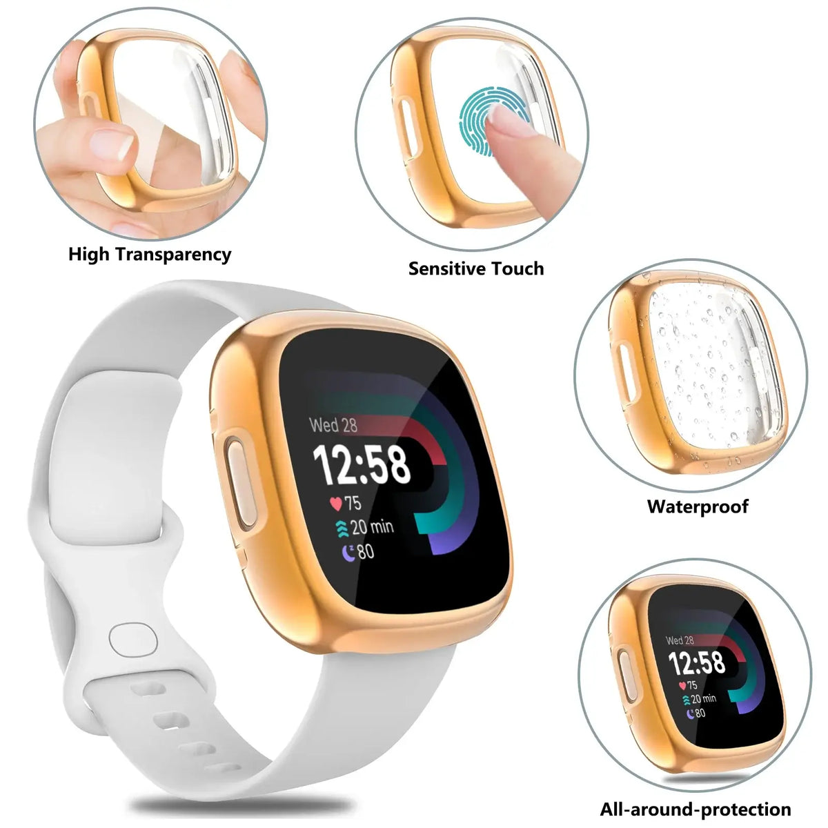 Fitbit Versa 4, 3, 2 & Sense 2 Case with Built-In Screen Protector