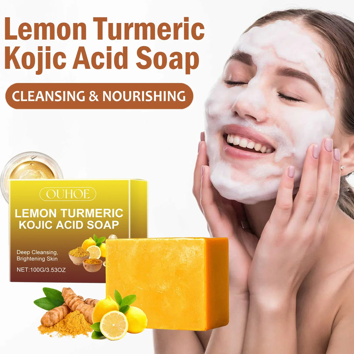 Lemon Turmeric Kojic Acid Soap Brightening Deeply Cleansing Glowing Body Rejuvenating Exfoliating Even Skin Tone Handmade Soap
