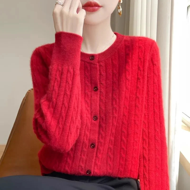 Long Sleeve Knitted O-neck Basic Thick Warm Cardigan
