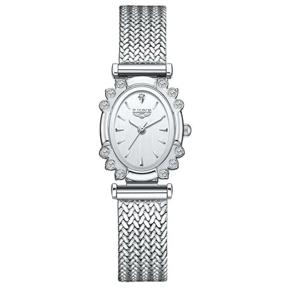 Women's Oval Crystal Bezel Watch, Woven Stainless Steel Bracelet