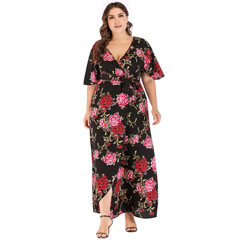 Bohemian V-Neck Short Sleeve Beach Dress with Slit