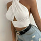 White Cross Front Halter Neck Underbust Top