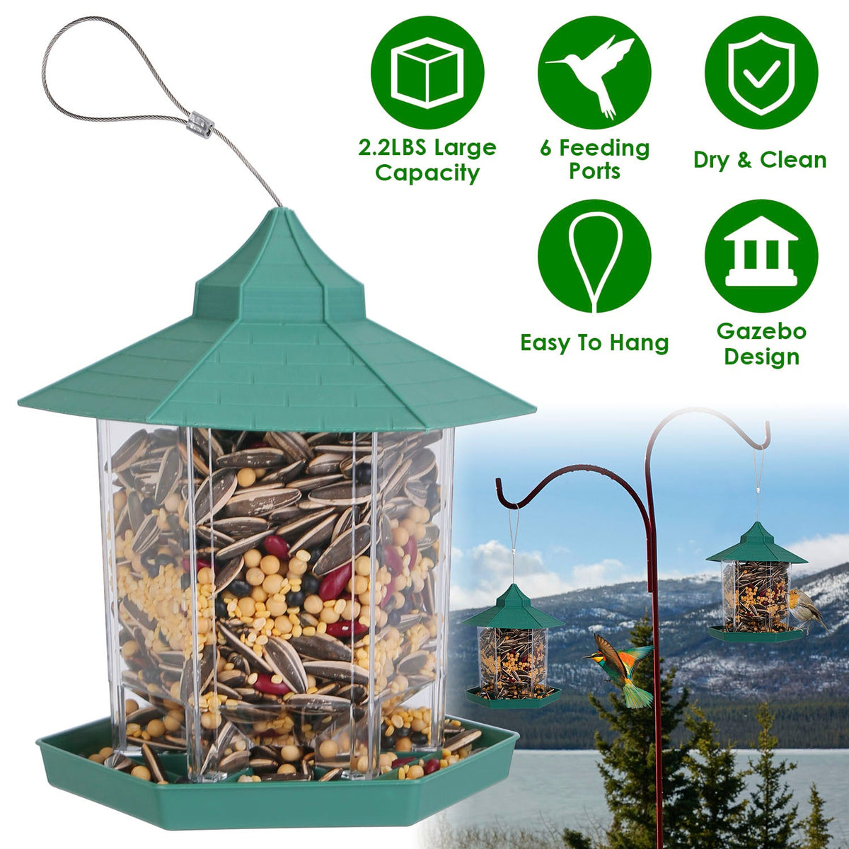 Hanging Gazebo Wild Bird Feeder Outdoor Bird Seed Station with Large Capacity 6 Feeder Ports for Garden Patio Park Weatherproof Easy To Refill