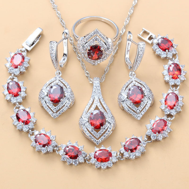 Inlaid Gemstone Pendant Earrings Necklace And Ring For Women 4 PCs Set