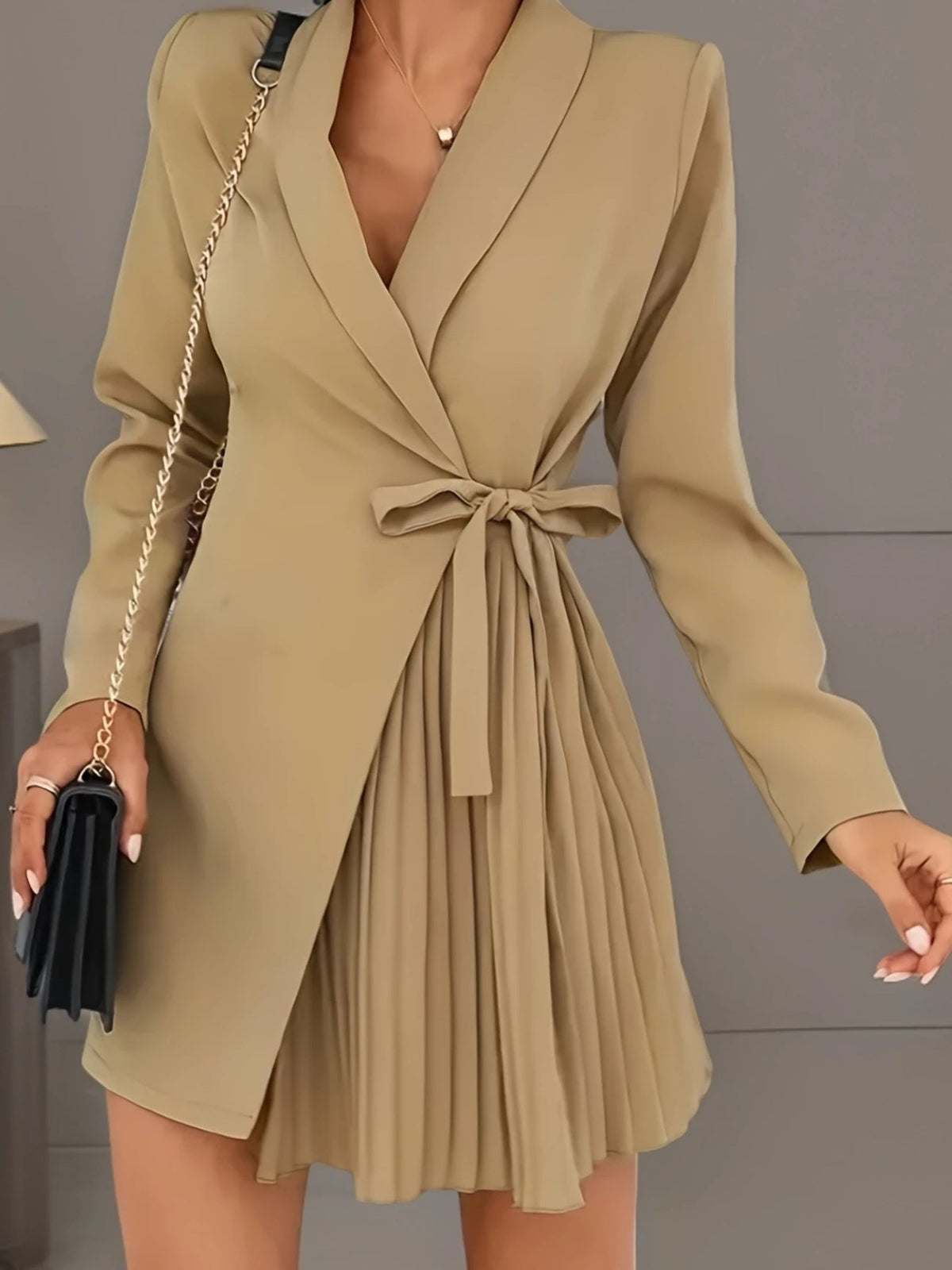Solid Color Pleated Suit Jacket Dress