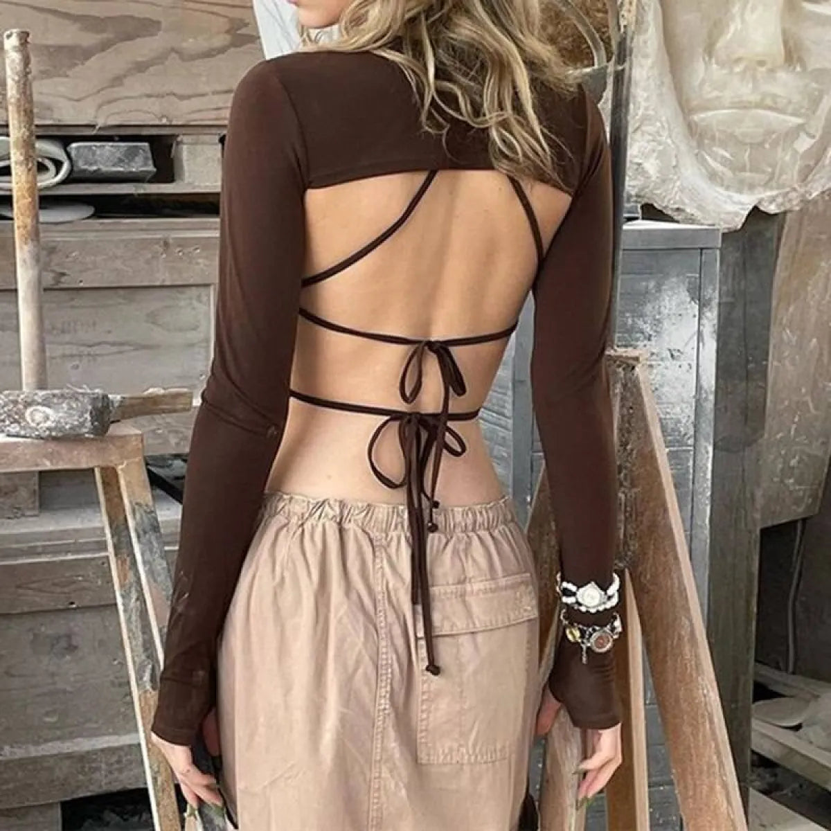Backless Long Sleeve Crop Tops