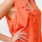 Silk Sleeveless Ruffle Blouse - Asymmetrical Button-Up Top in Orange & Blue | Femstylo