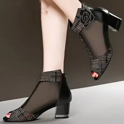 Black Rhinestone Rose Sandals Mesh Fish Mouth Heels