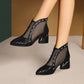 Black Rhinestone Rose Sandals Mesh Fish Mouth Heels