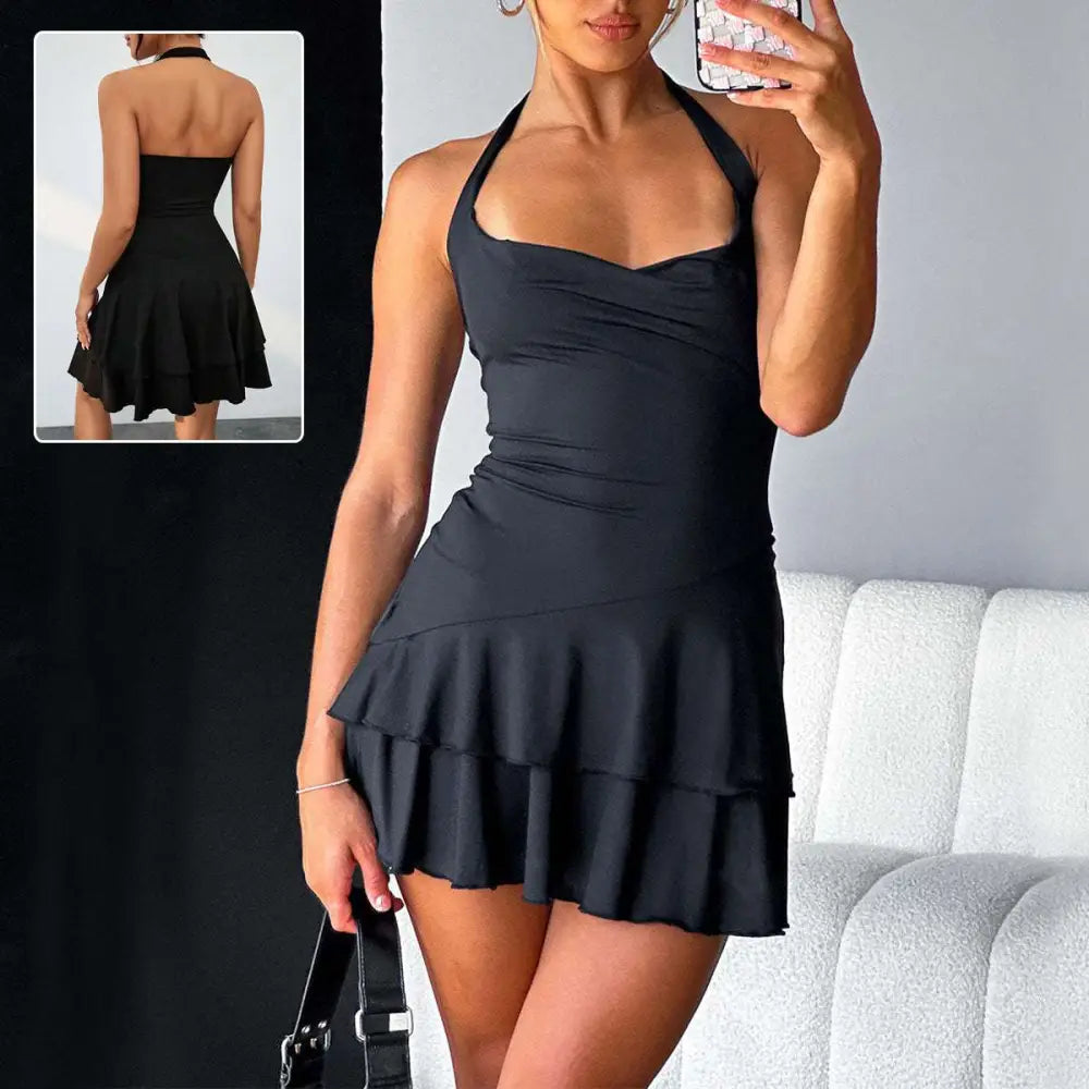 Black Ruffle Sleeveless Backless Dress